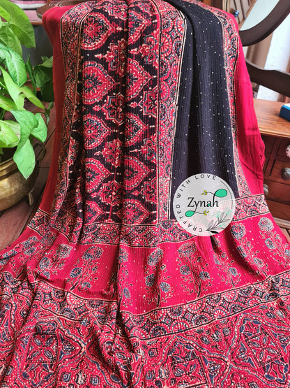Zynah Black & Red Color Pure Georgette Sequence Work Saree with Ajrakh Handblock Prints; Custom Stitched/Ready-made Blouse, Fall, Petticoat; Shipping available USA, Worldwide