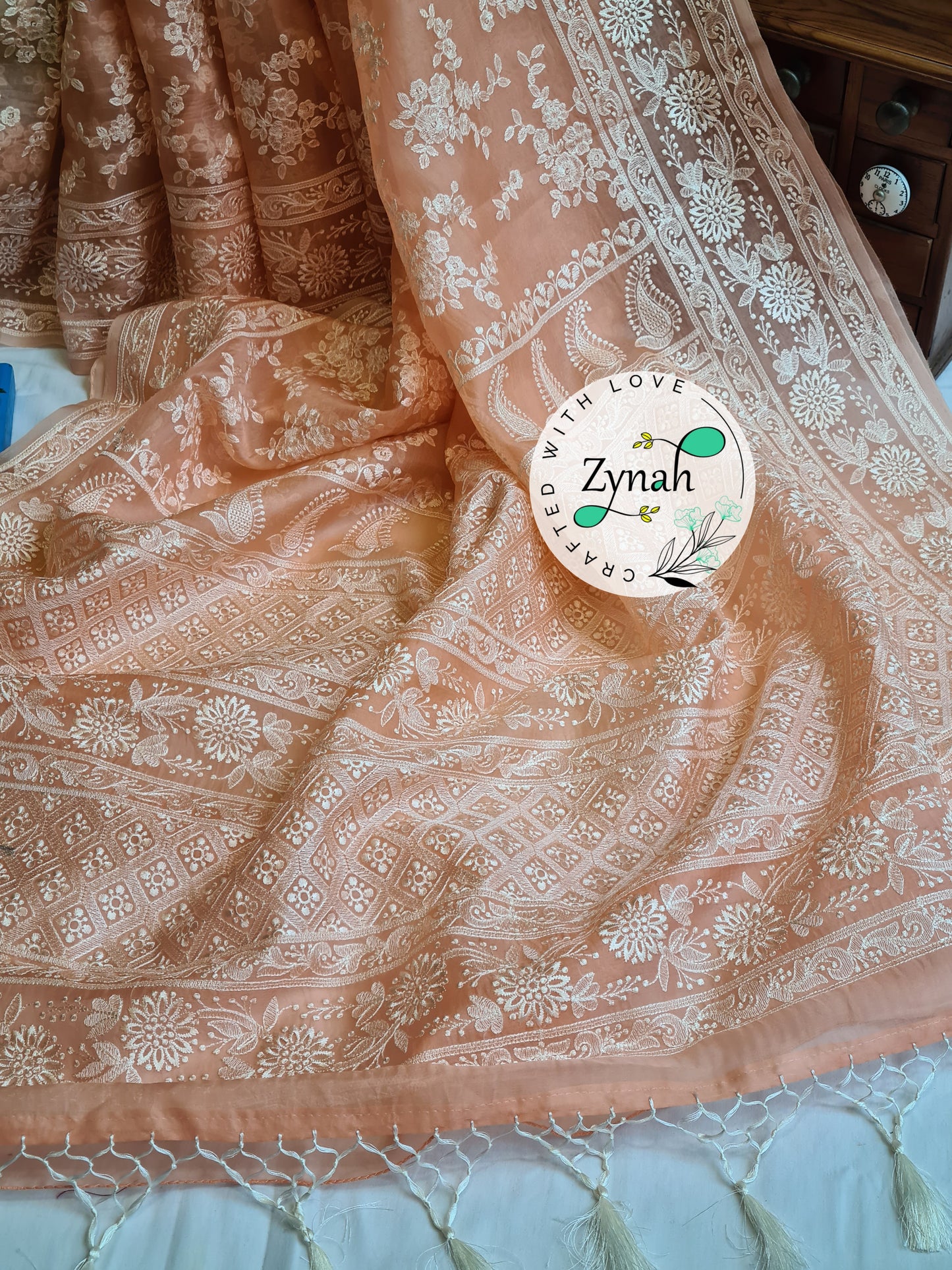 Zynah Peach Color Pure Organza Chikankari Saree in Pastel Shade; Custom Stitched/Ready-made Blouse, Fall, Petticoat; Shipping available USA, Worldwide