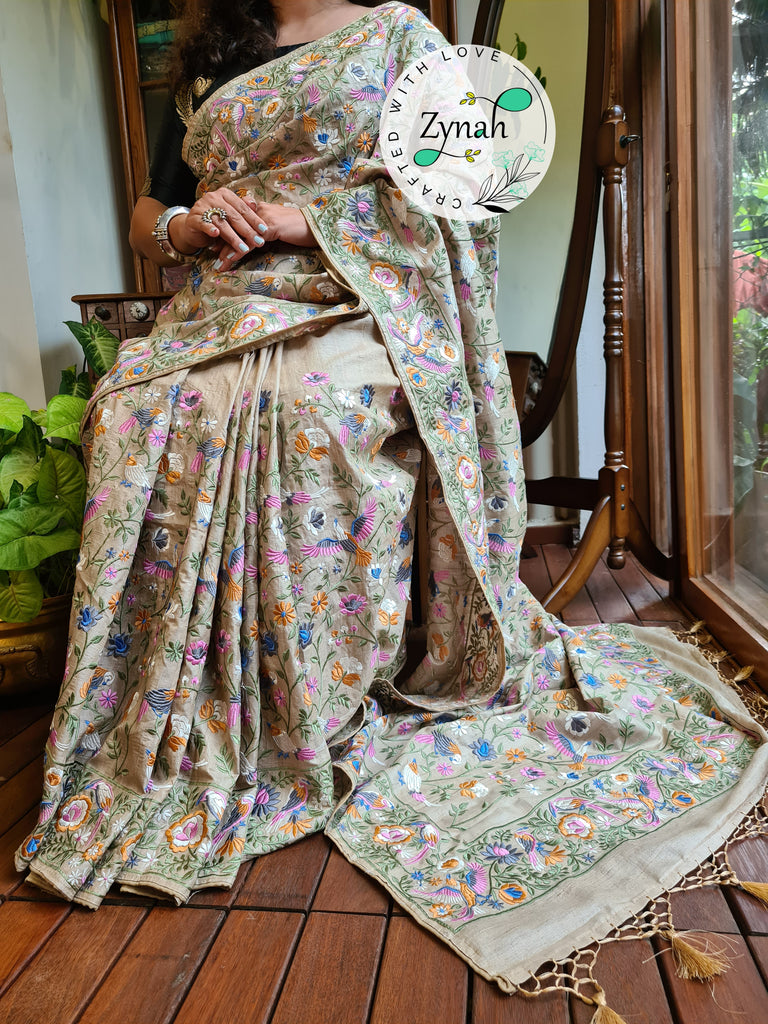 Zynah Tussar Color Pure Tussar Silk Parsi Gara Inspired Embroidery Saree; Custom Stitched/Ready-made Blouse, Fall, Petticoat; Shipping available USA, Worldwide