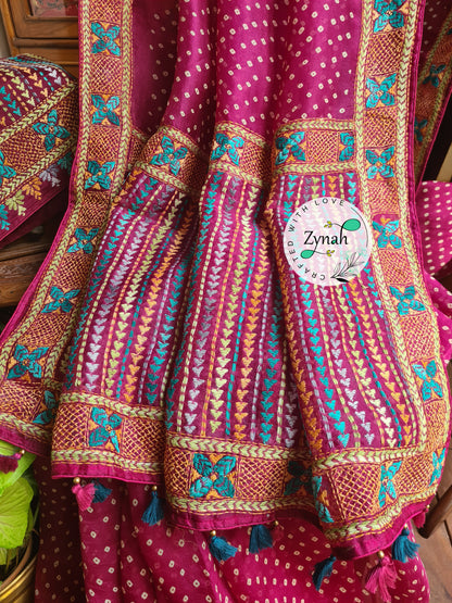 Zynah Pink Color Pure Organza Silk Saree with Bandhani Prints & Kantha Embroidery; Custom Stitched/Ready-made Blouse, Fall, Petticoat; Shipping available USA, Worldwide