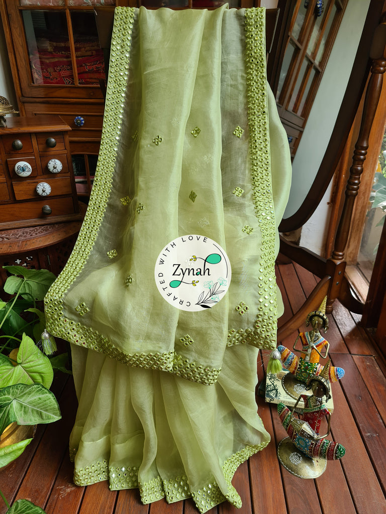 Zynah Green Color Pure Organza Silk Saree with Mirror Kutchi Work; Custom Stitched/Ready-made Blouse, Fall, Petticoat; Shipping available USA, Worldwide