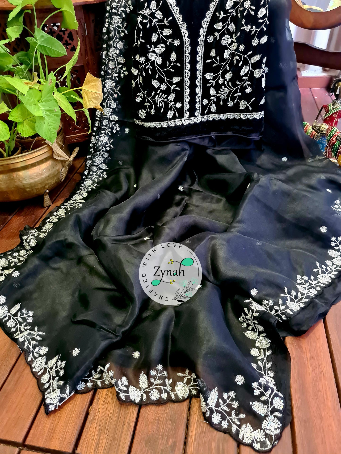 Zynah Black Color Pure Organza Silk Saree with Sequence & Cut-dana Work; Custom Stitched/Ready-made Blouse, Fall, Petticoat; Shipping available USA, Worldwide