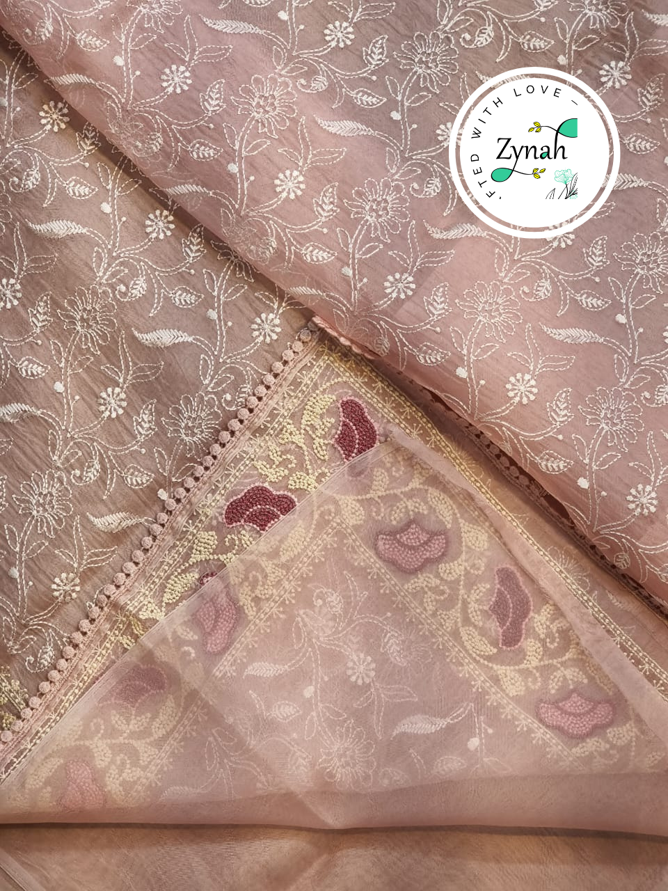Zynah Peach Color Pure Organza Silk Chikankari  Embroidery Saree with Crochet Lace  in Pastel Shades; Available in many colors; stitched readymade blouse,fall,petticoat,available in USA