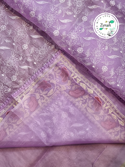 Zynah Violet Color Pure Organza Silk Chikankari  Embroidery Saree with Crochet Lace  in Pastel Shades; Available in many colors; stitched readymade blouse,fall,petticoat,available in USA