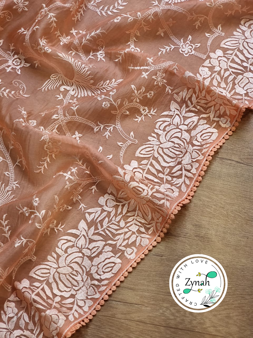 Zynah Orange Color Pure Organza Silk Saree with Parsi Gara Inspired Embroidery & Crochet Lace; Custom Stitched/Ready-made Blouse, Fall, Petticoat; Shipping available USA, Worldwide
