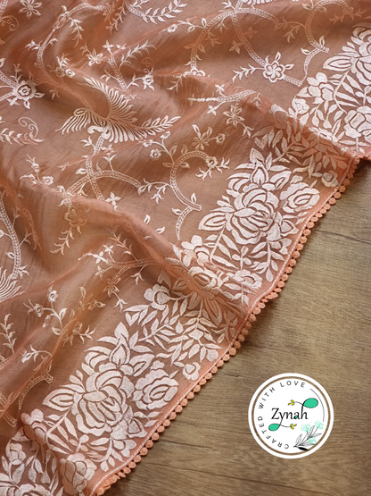 Zynah Orange Color Pure Organza Silk Saree with Parsi Gara Inspired Embroidery & Crochet Lace; Custom Stitched/Ready-made Blouse, Fall, Petticoat; Shipping available USA, Worldwide