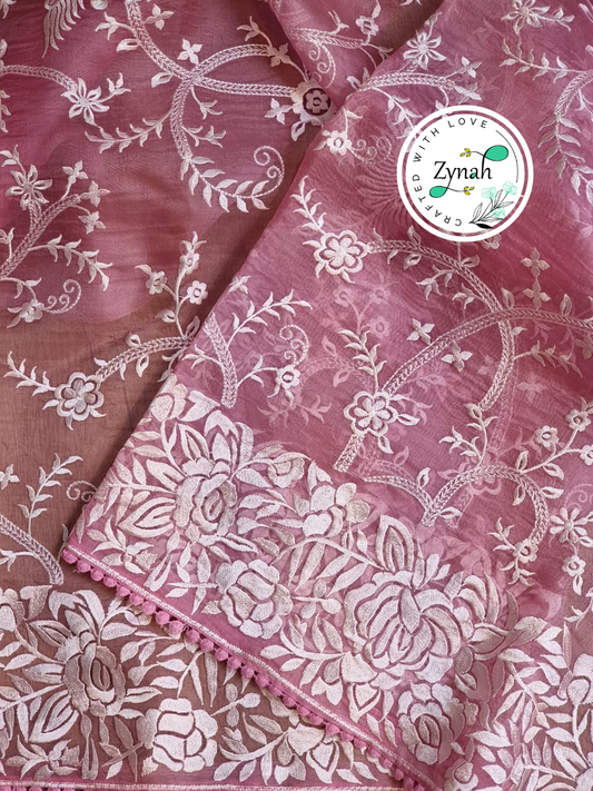 Zynah Pink Color Pure Organza Silk Saree with Parsi Gara Inspired Embroidery & Crochet Lace; Custom Stitched/Ready-made Blouse, Fall, Petticoat; Shipping available USA, Worldwide