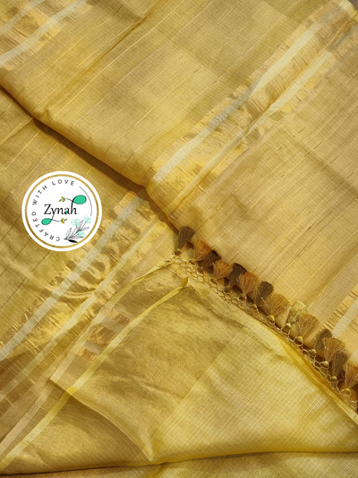 Zynah Yellow Color Pure Tussar Kota Silk Saree with Heavy Chikankari Embroidery With Double Ghiccha Pallu and Heavy Tassels; Custom Stitched/Ready-made Blouse, Fall, Petticoat; Shipping available USA, Worldwide