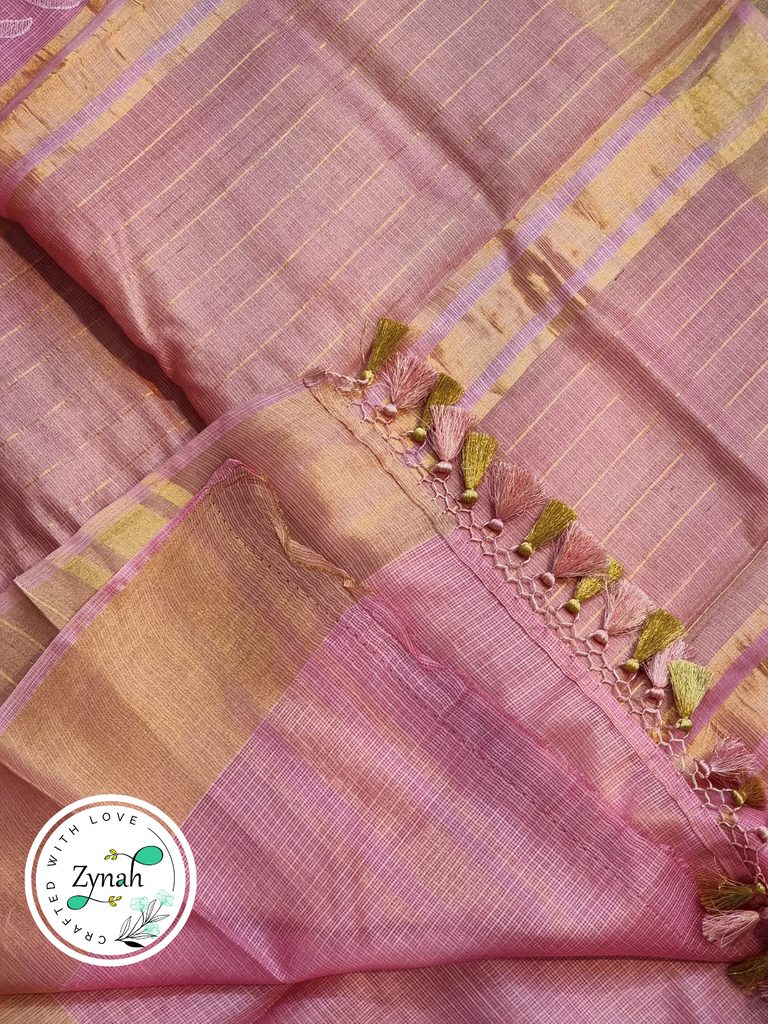 Zynah Pink Color Pure Tussar Kota Silk Saree with Heavy Chikankari Embroidery With Double Ghiccha Pallu and Heavy Tassels; Custom Stitched/Ready-made Blouse, Fall, Petticoat; Shipping available USA, Worldwide