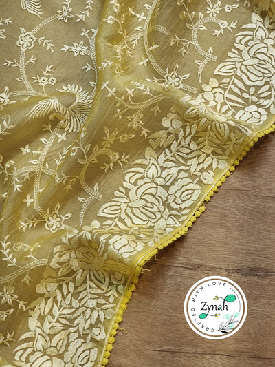 Zynah Yellow Color Pure Organza Silk Saree with Parsi Gara Inspired Embroidery & Crochet Lace; Custom Stitched/Ready-made Blouse, Fall, Petticoat; Shipping available USA, Worldwide