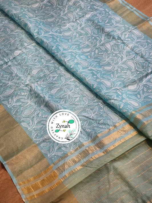 Zynah Sky Blue Color Pure Tussar Kota Silk Saree with Heavy Chikankari Embroidery With Double Ghiccha Pallu and Heavy Tassels; Custom Stitched/Ready-made Blouse, Fall, Petticoat; Shipping available USA, Worldwide