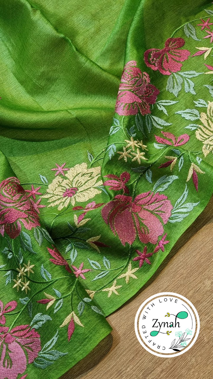 Zynah Green Color Pure Tussar Silk Embroidered Saree with Vibrant Tassels; Custom Stitched/Ready-made Blouse, Fall, Petticoat; Shipping available USA, Worldwide