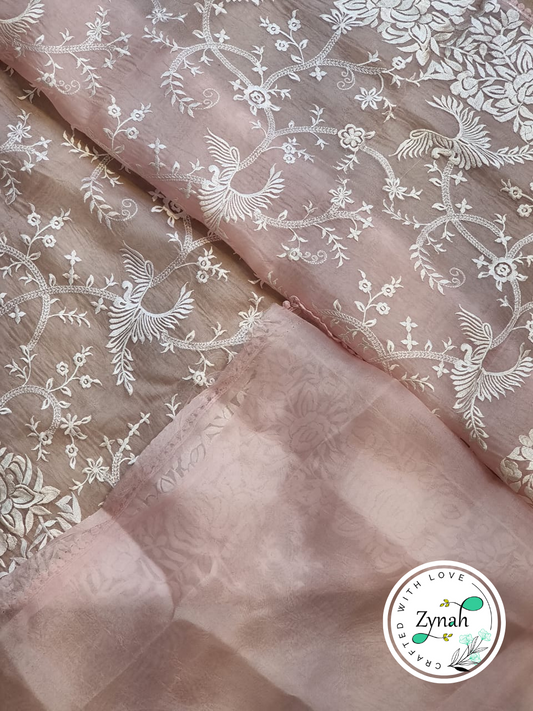 Zynah Baby Pink Color Pure Organza Silk Saree with Parsi Gara Inspired Embroidery & Crochet Lace; Custom Stitched/Ready-made Blouse, Fall, Petticoat; Shipping available USA, Worldwide