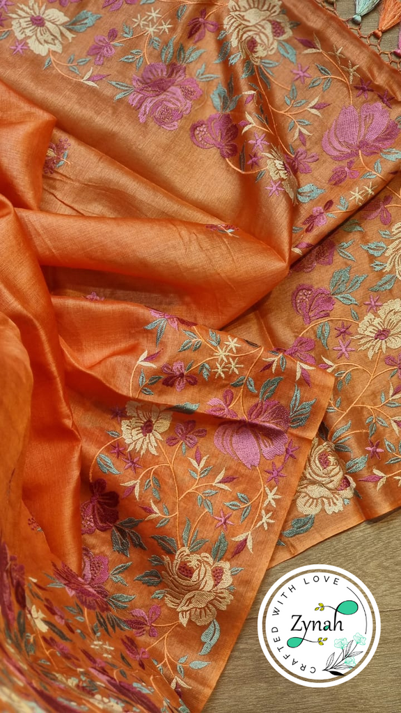 Zynah Orange Color Pure Tussar Silk Embroidered Saree with Vibrant Tassels; Custom Stitched/Ready-made Blouse, Fall, Petticoat; Shipping available USA, Worldwide