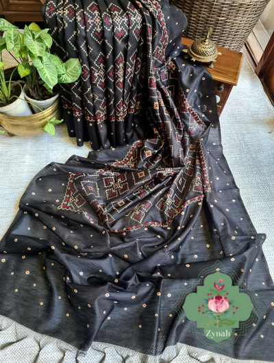 Zynah Black Color Jute Silk Saree with Cross-stitch Embroidery & Bandhani Border; Custom Stitched/Ready-made Blouse, Fall, Petticoat; Shipping available USA, Worldwide