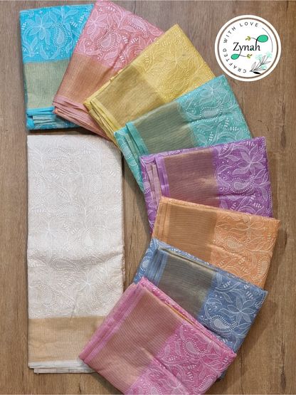 Zynah Violet Color Pure Tussar Kota Silk Saree with Heavy Chikankari Embroidery With Double Ghiccha Pallu and Heavy Tassels; Custom Stitched/Ready-made Blouse, Fall, Petticoat; Shipping available USA, Worldwide