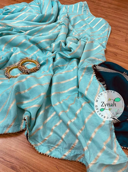Zynah Pure Munga Silk Saree with Diagonal Stripes, Lehariya Style Weaving & Lace Border; Custom Stitched/Ready-made Blouse, Fall, Petticoat; Shipping available USA, Worldwide