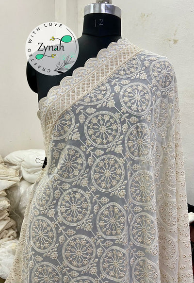 Zynah Pure Georgette Chikankari Saree with Cut-work border; Custom Stitched/Ready-made Blouse, Fall, Petticoat; Shipping available USA, Worldwide