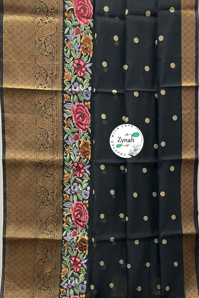 Zynah Pure Chanderi Silk Saree with Thread Embroidery, Zari Weave border & Tissue Blouse piece; Custom Stitched/Ready-made Blouse, Fall, Petticoat; Shipping available USA, Worldwide