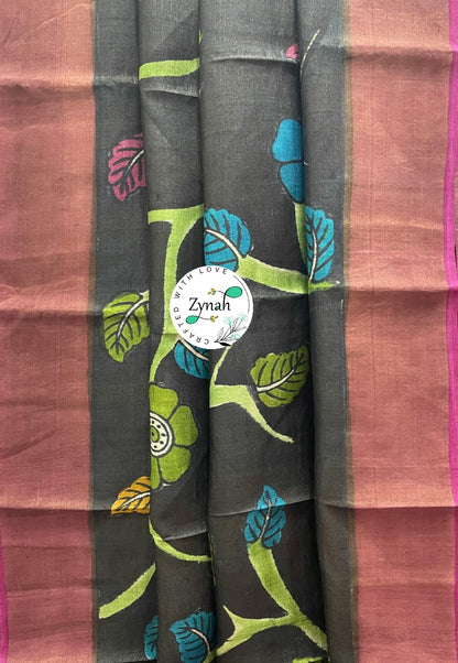 Zynah Pure Tussar Silk Hand-painted Kalamkari Saree; Custom Stitched/Ready-made Blouse, Fall, Petticoat; Shipping available USA, Worldwide