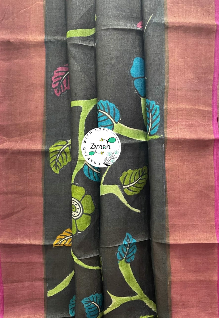 Zynah Pure Tussar Silk Hand-painted Kalamkari Saree; Custom Stitched/Ready-made Blouse, Fall, Petticoat; Shipping available USA, Worldwide