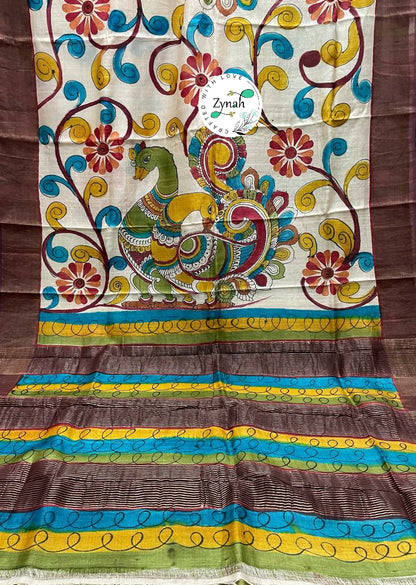 Zynah Pure Tussar Silk Hand-painted Kalamkari Saree; Custom Stitched/Ready-made Blouse, Fall, Petticoat; Shipping available USA, Worldwide