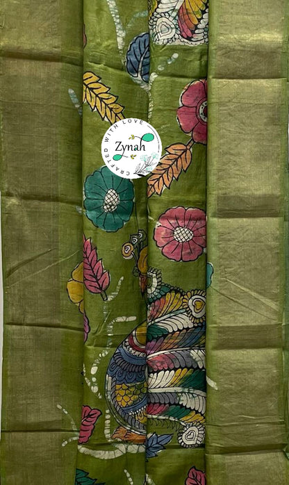 Zynah Pure Tussar Silk Hand-painted Kalamkari Saree; Custom Stitched/Ready-made Blouse, Fall, Petticoat; Shipping available USA, Worldwide