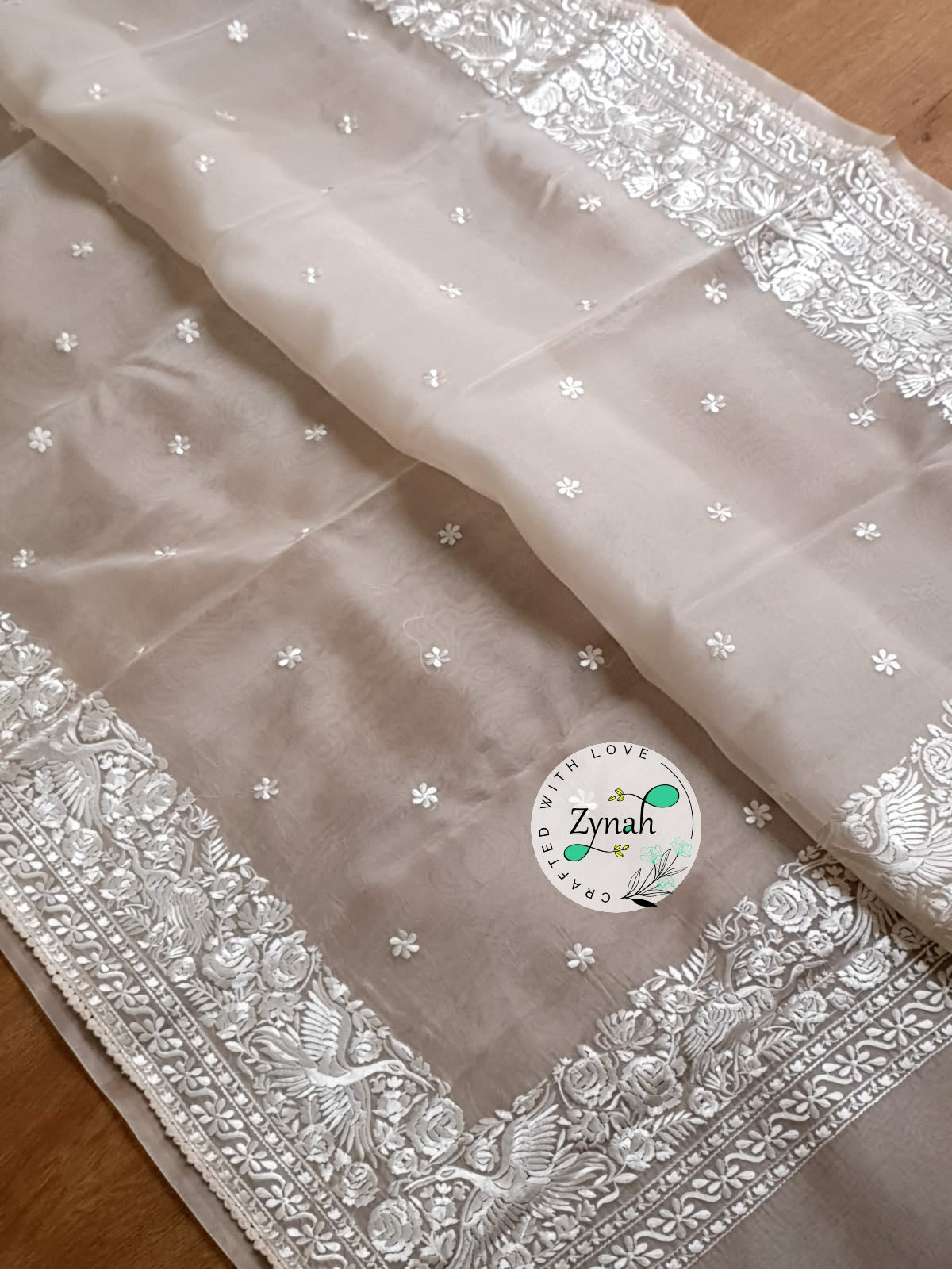 Zynah Pure Organza Silk Saree with Parsi Gara Embroidery & Crochet Lace; Custom Stitched/Ready-made Blouse, Fall, Petticoat; Shipping available USA, Worldwide