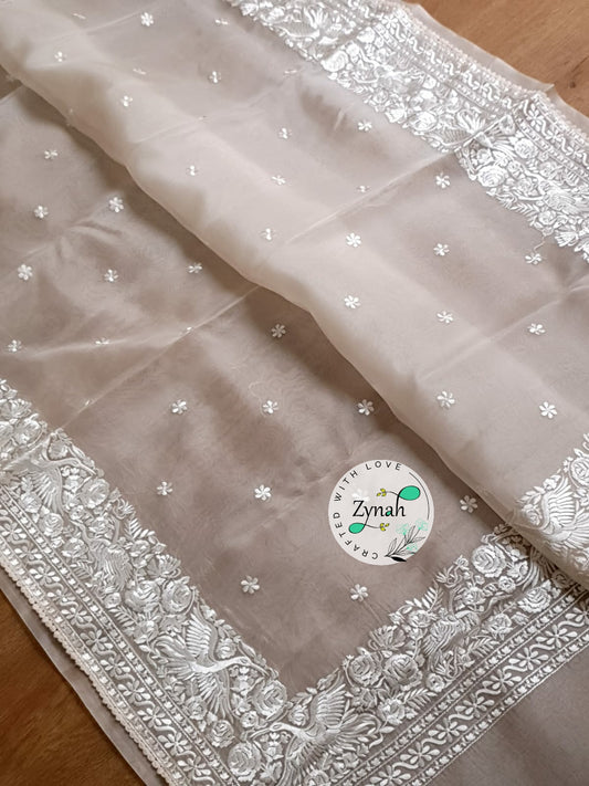 Zynah Pure Organza Silk Saree with Parsi Gara Embroidery & Crochet Lace; Custom Stitched/Ready-made Blouse, Fall, Petticoat; Shipping available USA, Worldwide