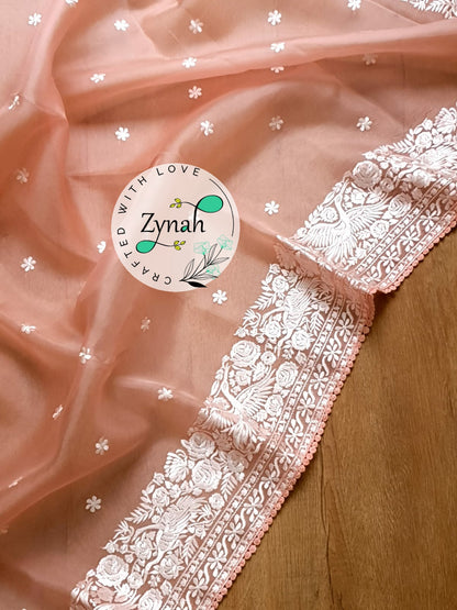 Zynah Pure Organza Silk Saree with Parsi Gara Embroidery & Crochet Lace; Custom Stitched/Ready-made Blouse, Fall, Petticoat; Shipping available USA, Worldwide