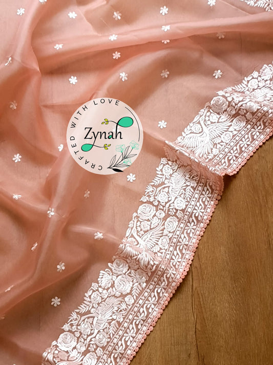Zynah Pure Organza Silk Saree with Parsi Gara Embroidery & Crochet Lace; Custom Stitched/Ready-made Blouse, Fall, Petticoat; Shipping available USA, Worldwide