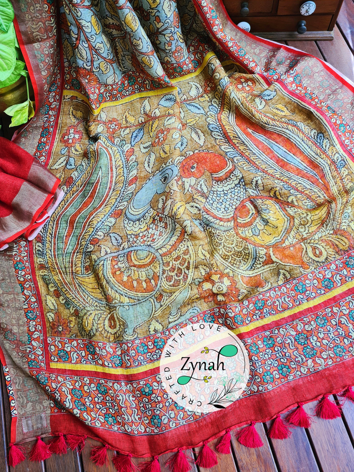 Zynah Blue Color Kalamkari Organic Lab Tested 120 Count pure 'Linen by Linen' Saree; Custom Stitched/Ready-made Blouse, Fall, Petticoat; Shipping available USA, Worldwide