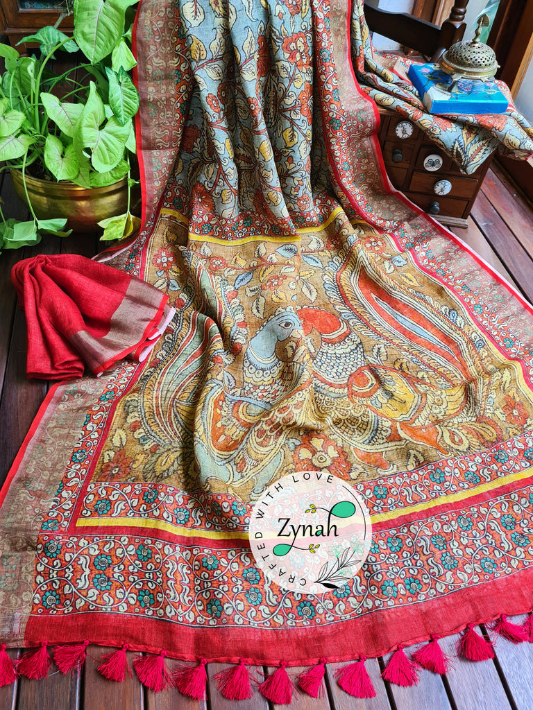 Zynah Blue Color Kalamkari Organic Lab Tested 120 Count pure 'Linen by Linen' Saree; Custom Stitched/Ready-made Blouse, Fall, Petticoat; Shipping available USA, Worldwide