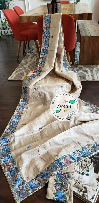 Zynah Made to Order Pure Tussar Silk Parsi Gara Handcrafted Saree; Custom Stitched/Ready-made Blouse, Fall, Petticoat; Shipping available USA, Worldwide