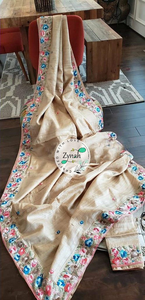 Zynah Made to Order Pure Tussar Silk Parsi Gara Handcrafted Saree; Custom Stitched/Ready-made Blouse, Fall, Petticoat; Shipping available USA, Worldwide