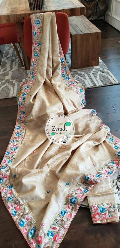 Zynah Made to Order Pure Tussar Silk Parsi Gara Handcrafted Saree; Custom Stitched/Ready-made Blouse, Fall, Petticoat; Shipping available USA, Worldwide