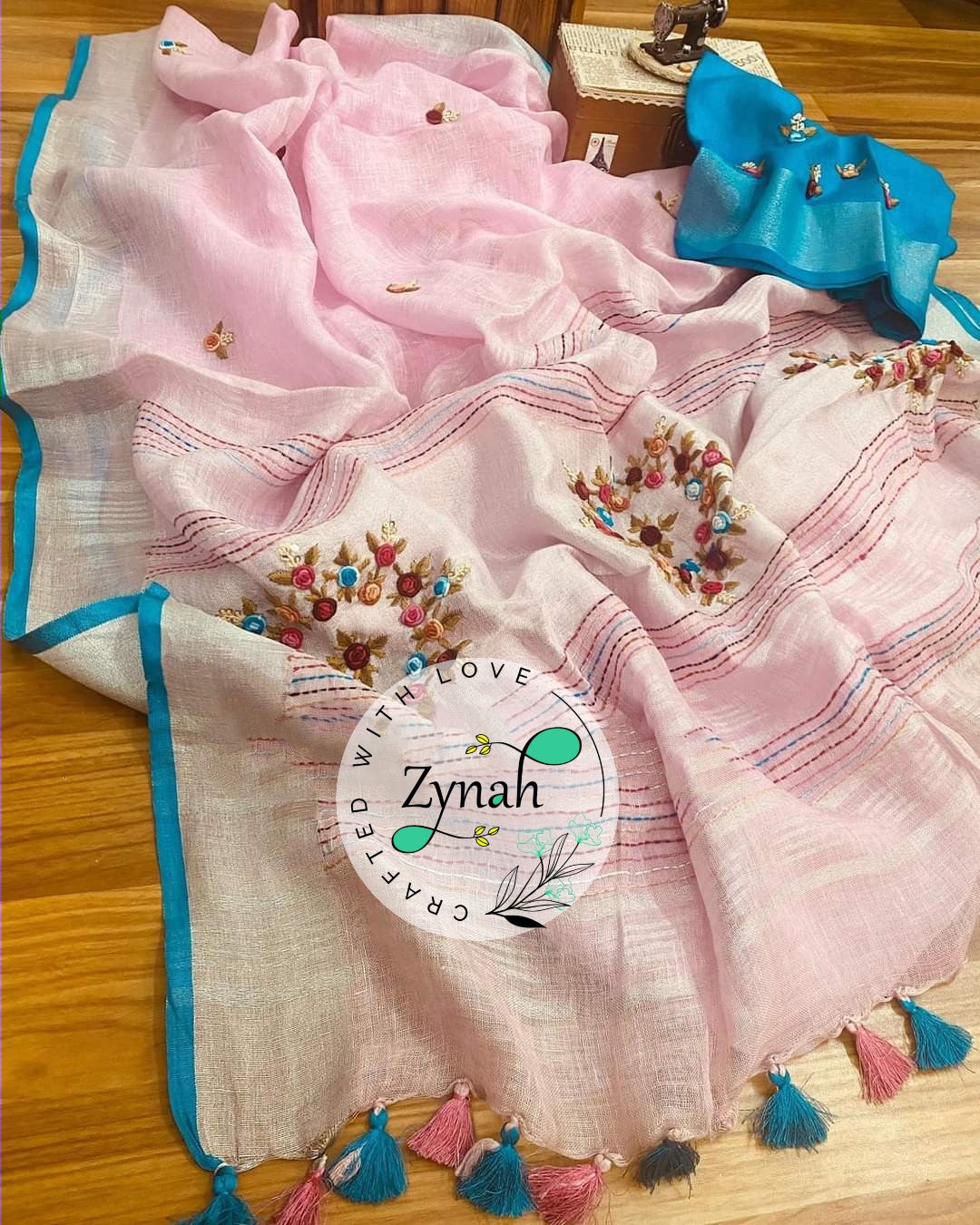 Zynah Pure Linen(120c) Handcrafted Saree with French Knot Hand Embroidery; Custom Stitched/Ready-made Blouse, Fall, Petticoat; Shipping available USA, Worldwide