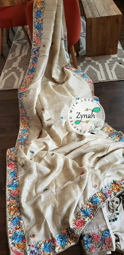 Zynah Made to Order Pure Tussar Silk Parsi Gara Handcrafted Saree; Custom Stitched/Ready-made Blouse, Fall, Petticoat; Shipping available USA, Worldwide