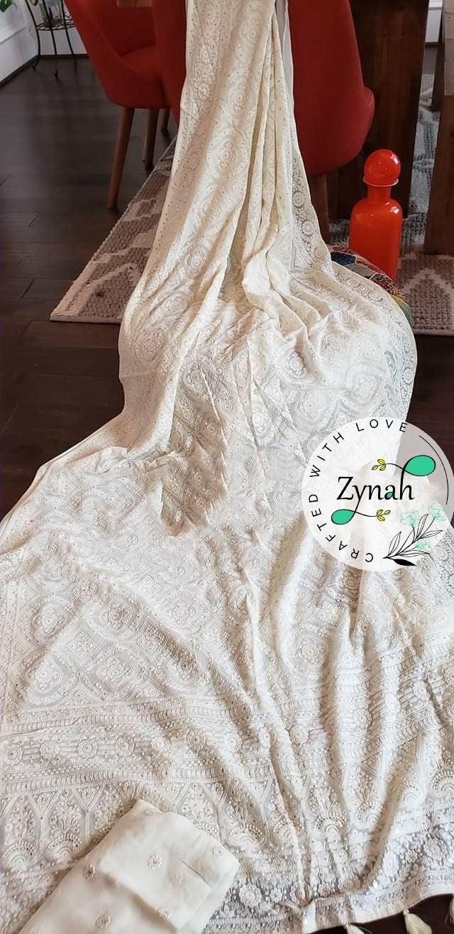 Zynah Pure Georgette Saree with Chikankari & Sequence Work; Custom Stitched/Ready-made Blouse, Fall, Petticoat; Shipping available USA, Worldwide