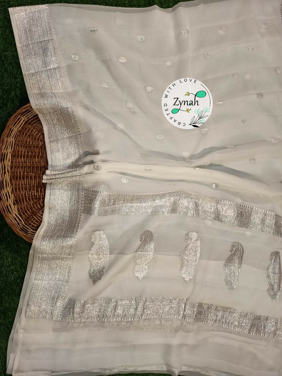 Zynah Pure Banarasi Handloom Khaddi Georgette Saree with Zari Border & Butis; Custom Stitched/Ready-made Blouse, Fall, Petticoat; Shipping available USA, Worldwide