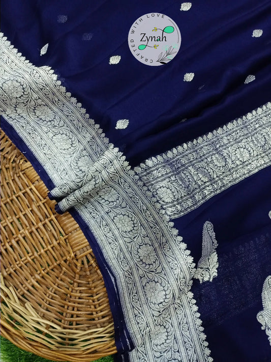 Zynah Pure Banarasi Handloom Khaddi Georgette Saree with Zari Border & Butis; Custom Stitched/Ready-made Blouse, Fall, Petticoat; Shipping available USA, Worldwide