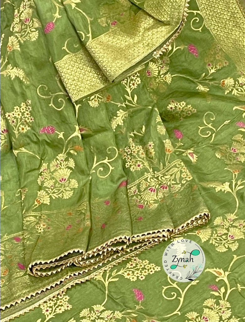 Zynah Pure Dola Silk Meenakari Saree with Gotapatti Border; Custom Stitched/Ready-made Blouse, Fall, Petticoat; Shipping available USA, Worldwide