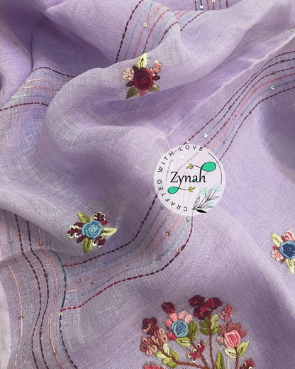 Zynah Pure Linen(120c) Handcrafted Saree with French Knot Hand Embroidery; Custom Stitched/Ready-made Blouse, Fall, Petticoat; Shipping available USA, Worldwide