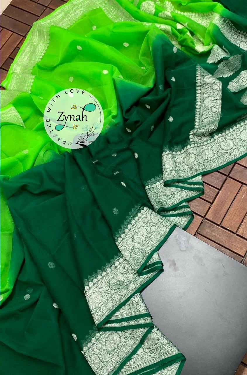 Zynah Pure Banarasi Handloom Khaddi Georgette Double-shaded Saree with Zari Weave; Custom Stitched/Ready-made Blouse, Fall, Petticoat; Shipping available USA, Worldwide