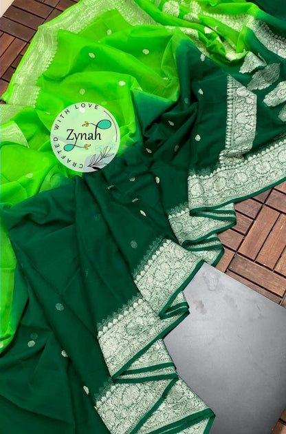 Zynah Pure Banarasi Handloom Khaddi Georgette Double-shaded Saree with Zari Weave; Custom Stitched/Ready-made Blouse, Fall, Petticoat; Shipping available USA, Worldwide