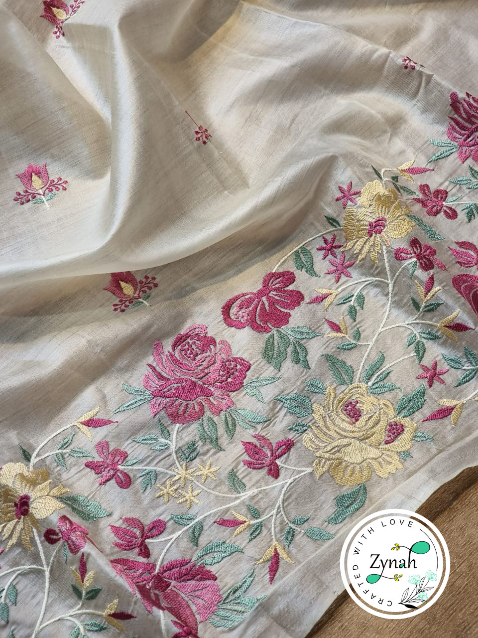 Zynah Off-White Color Pure Tussar Silk Embroidered Saree with Vibrant Tassels; Custom Stitched/Ready-made Blouse, Fall, Petticoat; Shipping available USA, Worldwide