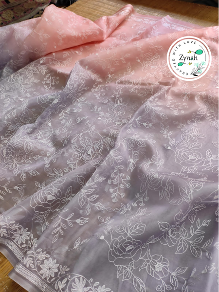 Zynah Lavender & Peach Color Pure Organza Silk Saree with Chikankari  Embroidery Work in Dual Shades; Available in many colors; stitched readymade blouse,fall,petticoat,available in USA
