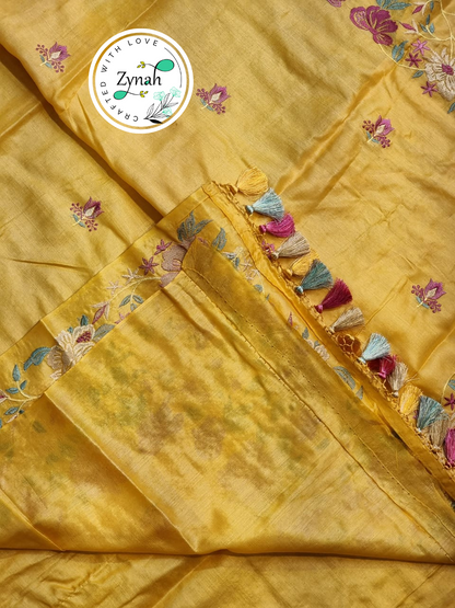 Zynah Yellow Color Pure Tussar Silk Embroidered Saree with Vibrant Tassels; Custom Stitched/Ready-made Blouse, Fall, Petticoat; Shipping available USA, Worldwide
