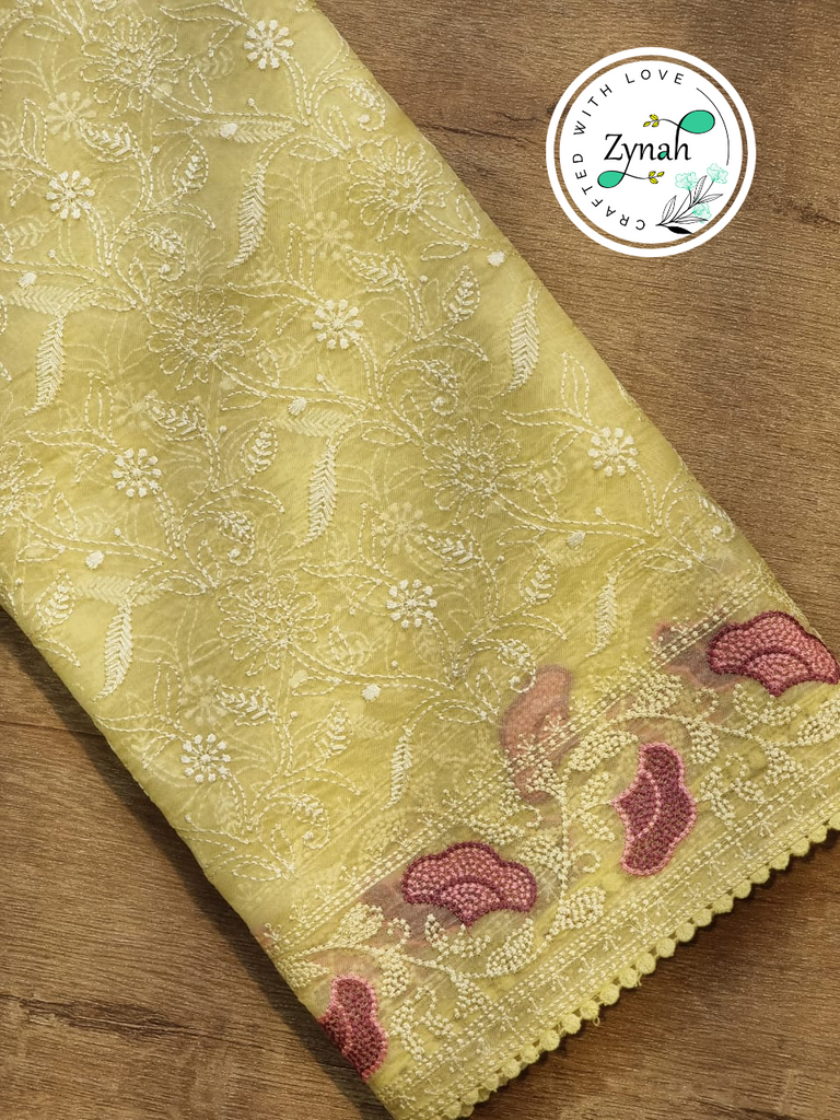 Zynah Yellow Color Pure Organza Silk Chikankari  Embroidery Saree with Crochet Lace  in Pastel Shades; Available in many colors; stitched readymade blouse,fall,petticoat,available in USA
