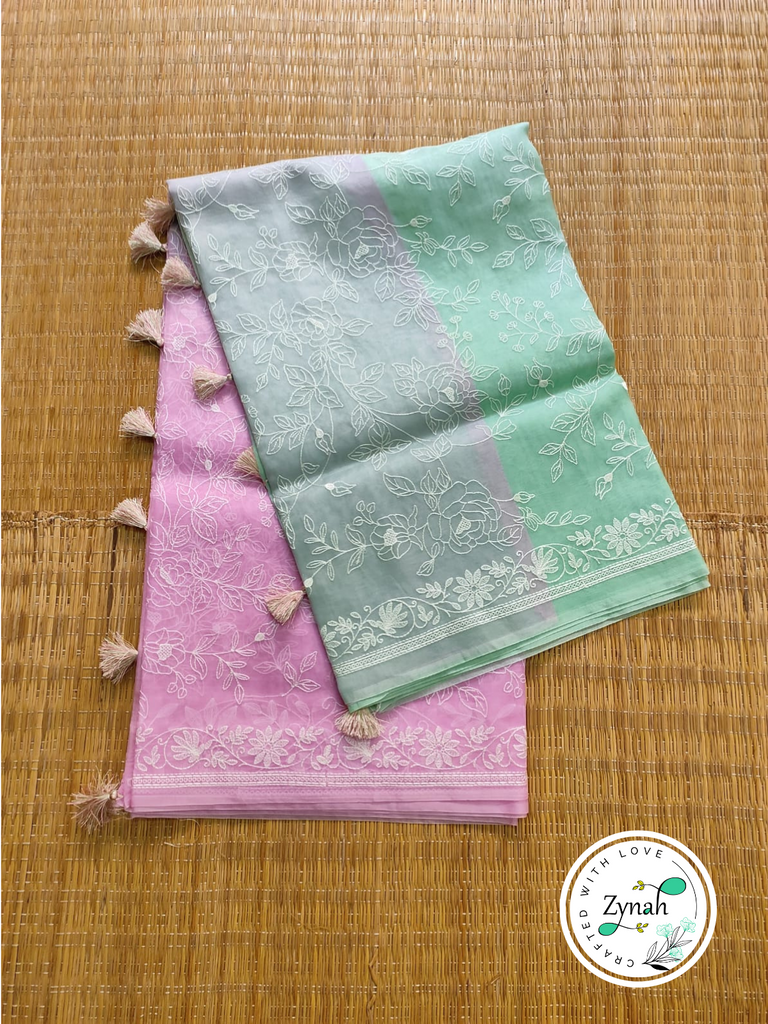Zynah Pink & Teal Color Pure Organza Silk Saree with Chikankari  Embroidery Work in Dual Shades; Available in many colors; stitched readymade blouse,fall,petticoat,available in USA